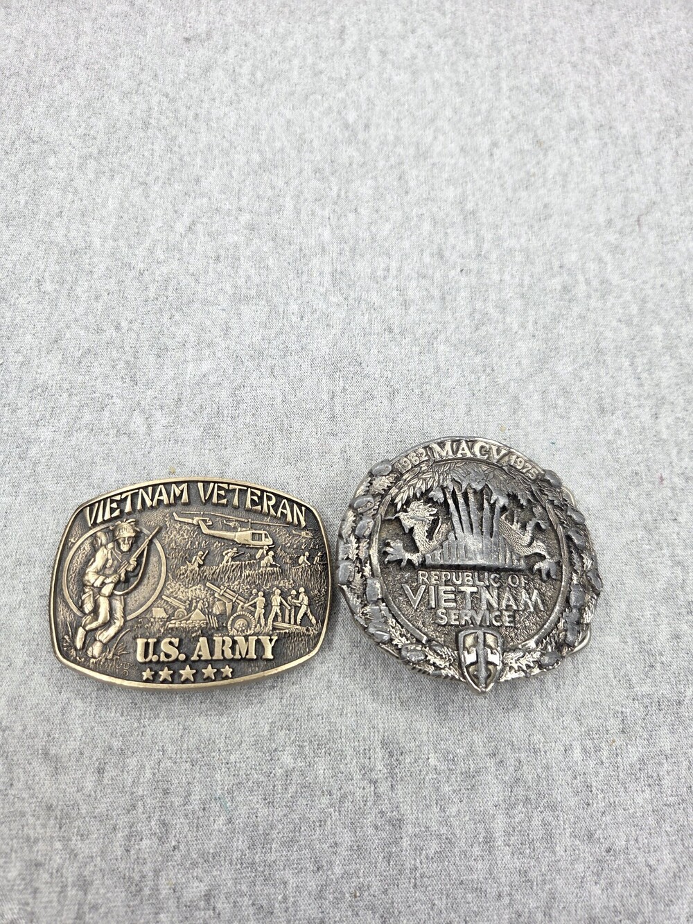 Vintage 1980s Lot of 2 Vietnam Veteran Belt Buckles US Army MACV Service
